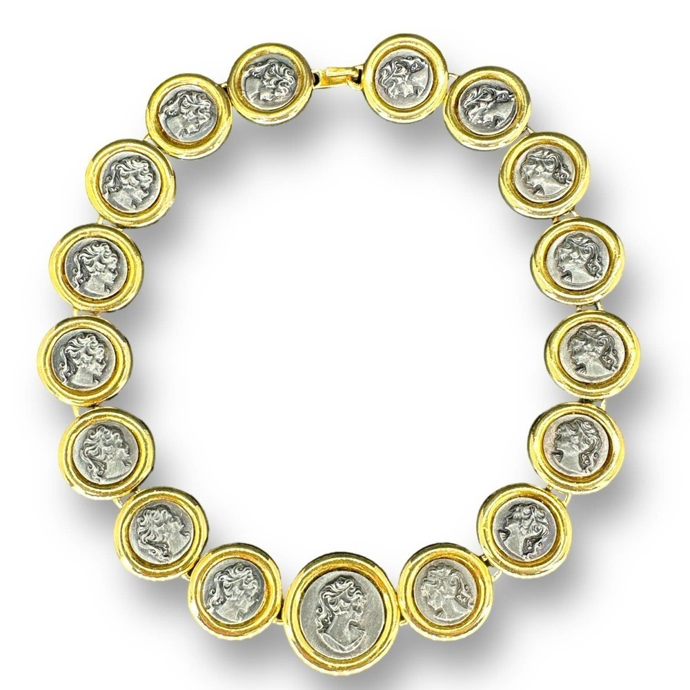 Coin Cameo Two Tone Necklace 17” Button Silver Gold Plated Collar Choker